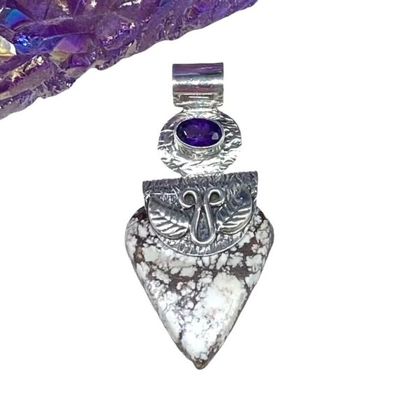 Hand Crafted Jewelry - Wild Horse Jasper & Amethyst Necklace Pendant Solid 925 Sterling Silver Brown